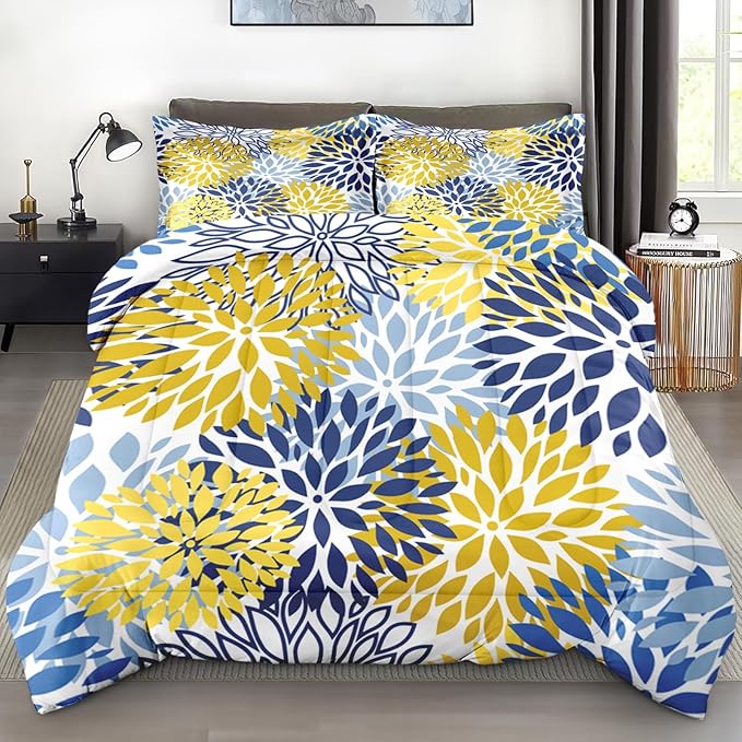 Comforter Set King Size, Spring Floral Navy Blue Soft 3 Pcs Bedding for Kids and Adults, Gray Yellow Flower Comforter Set with 2 Pillowcases, for Bedroom Bed Decor