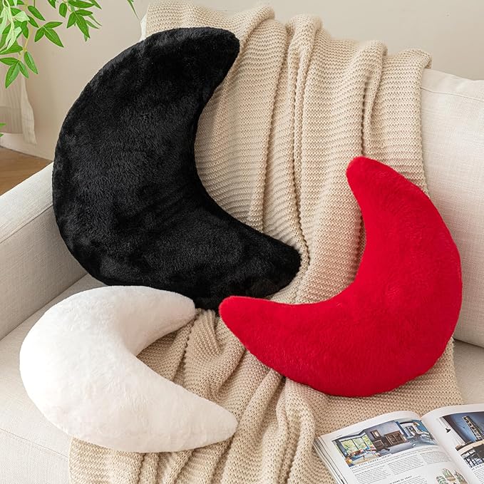 Moon Pillow, Decorative Throw Pillows with Soft Faux Rabbit for Bed Couch, Moon Shaped Pillows Plush Floor Cushions Room Decor Pillow for Sofa Bedroom Living Room