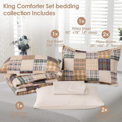 Comforter Set King Size Plaid Patchwork Comforter Bedding-7 Piece Bed in a Bag,Soft Fluffy Reversible Microfiber Bedding Set(1 Comforter,1 Flat Sheet,1 Fitted Sheet,2 Pillowcases,2 Pillow Shams)Beige