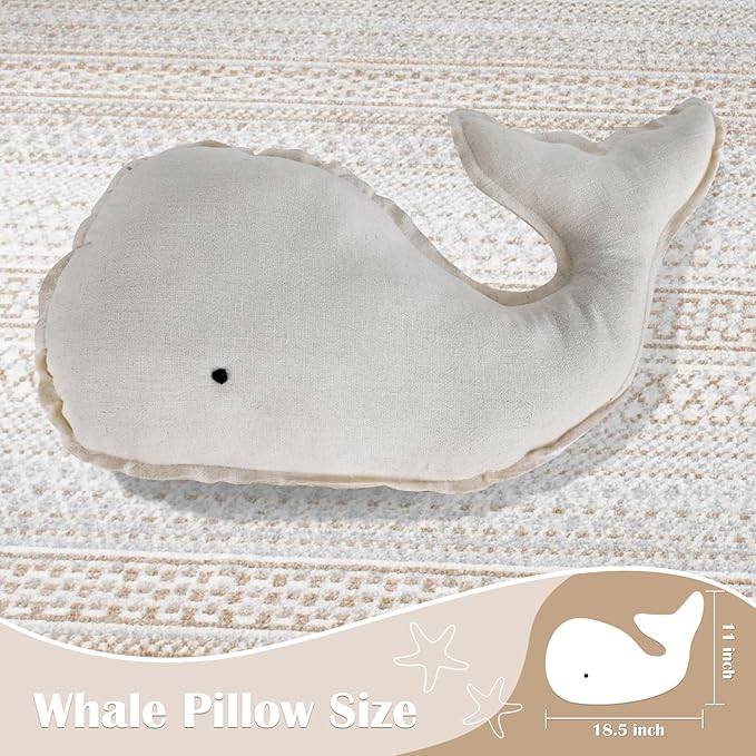 Marble Empire Whale Pillow Linen, Whale Throw Pillows with Free Style Edge,Coastal Ocean Decorative Pillow for Couch Sofa (Natrual Beige)