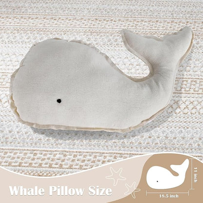 Marble Empire Whale Pillow Linen, Whale Throw Pillows with Free Style Edge,Coastal Ocean Decorative Pillow for Couch Sofa (Natrual Beige)
