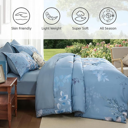 Xruibed Blue Comforter Set King Size 7 Pieces Bed in a Bag, Botanical Floral Print Bed Sets, Elegant Flower Comforter with Sheet Set, Soft Microfiber Bedding Set for All Season (Blue, 104"x90")