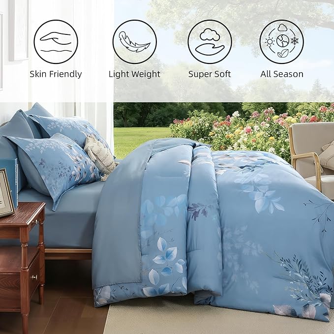 Xruibed Blue Comforter Set Queen Size 7 Pieces Bed in a Bag, Botanical Floral Print Bed Sets, Elegant Flower Comforter with Sheet Set, Soft Microfiber Bedding Set for All Season (Blue, 90"x90")