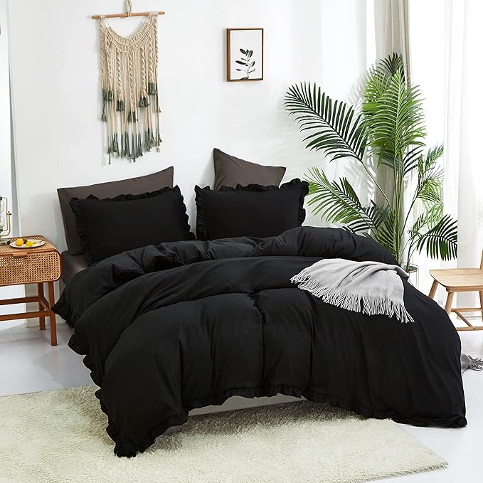 CLOTHKNOW Black Ruffles Comforter King Size Set Farmhouse Bedding Comforter Sets Shabby Chic Comforter Boho Comforter with 2 x Pillowcases