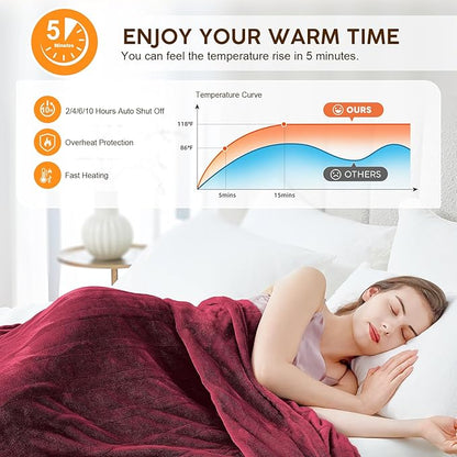 HYLEORY Heated Electric Blanket Throw, 2-Layer Cozy Warm Flannel 62" x 84", Heating Blanket with 9 Heating Levels, 2/4/6/10 Hours Auto Off, Fast Heating Winter Blanket, Red