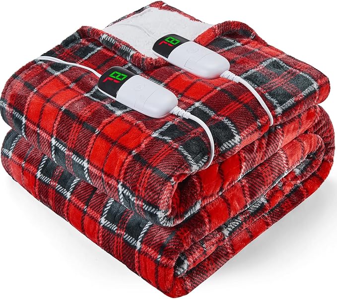 Heated Blanket Electric, Queen Size 84X90, Heating Blanket with 10 Heating Levels/8 Hours Auto Off/Dual Control for Bed, Red Checkered Sherpa Blankets Warmer for Adults, Christmas Blankets