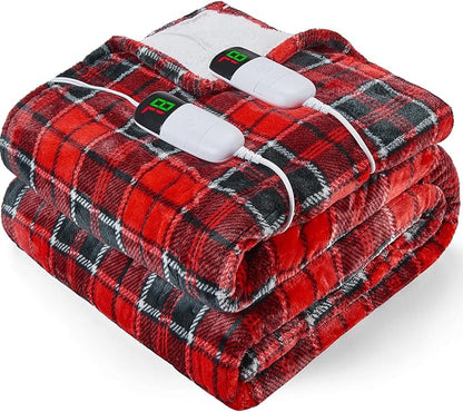 Heated Blanket Electric, Queen Size 84X90, Heating Blanket with 10 Heating Levels/8 Hours Auto Off/Dual Control for Bed, Red Checkered Sherpa Blankets Warmer for Adults, Christmas Blankets