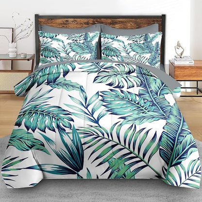 Comforter Set Queen Size, Blue Beach Geometric 7 Pcs Bedding for Kids and Adults, Palm Leaf Floral Tree Bed Sheet Sets with Fitted Sheet 2 Pillowcases & 2 Shams for Bedroom Bed Decor