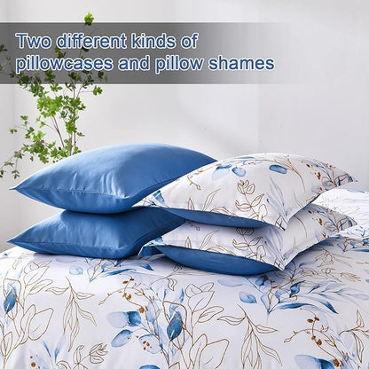WONGS BEDDING Blue Comforter Set Full, 7 Pieces Botanical l Reversible Bed in a Bag Golden Blue Leaves Bedding Set Soft Microfiber (1 Comforter,2 Pillowcase,2 Pillow Shams,1 Flat Sheet,1 Fitted Sheet)