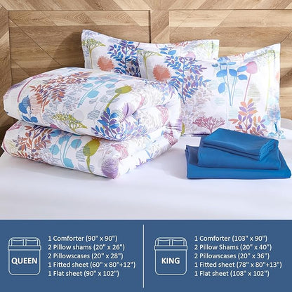 Anibedding 7Pieces King Size Comforter Set, Blue Botanical Bed in a Bag Complete Set with Sheet Pillowcase for Bedroom All Season