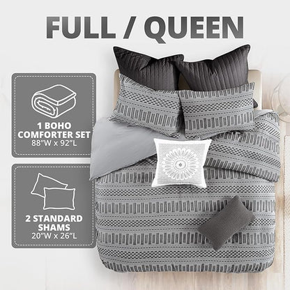 INK+IVY Luxurious Cotton-Bedding Set - Mid Century Trendy Geometric Design, All Season Cozy-Cover With Matching-Shams, Full/Queen, Rhea Jacquard Grey/Black
