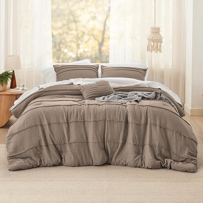 Bedsure Twin Comforter Set - 3 Pieces Pinch Pleat Bed Set, Brown Boho Bedding for All Season, 1 Soft Comforter, 1 Pillowcase, 1 Decorative Pillow
