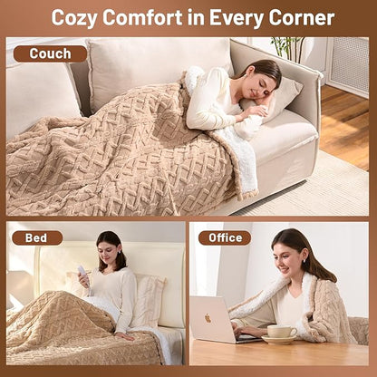 Heated Throw Blanket Electric 50"x60" - Soft Sherpa Throws with 9 Heat Levels and 1-10 Hour Timer, Machine Washable, Cozy Couch Blanket for Home & Office, Christmas & House Warming Gifts - Beige