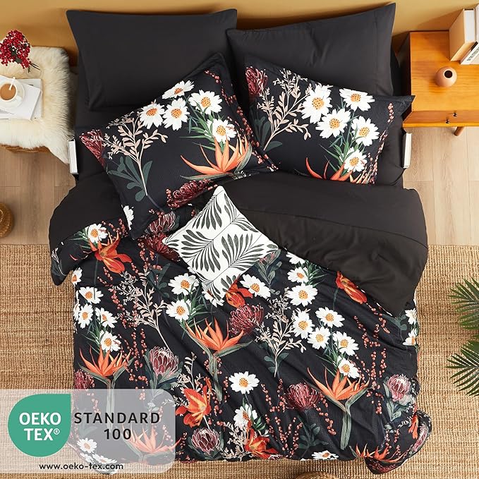 CASAAGUSTO King Size Comforter Set, 7 PCS Black Shore Floral Comforter Set with Flowers Leaves Pattern, Soft All Season King Bedding Set (102"X90")