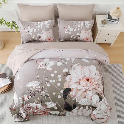 Drucon Queen Comforter Set - 7 Pieces Floral Brown Soft Bedding Sets, Queen Bed in a Bag with Botanical Flowers Comforter, Sheets, Pillowcases & Shams