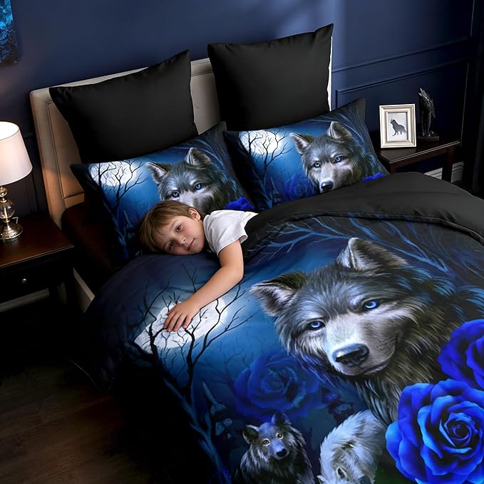 Wolf Comforter Set Twin Size, Blue Roses Bedding Set for Kids Bedroom Decor/68 * 86
