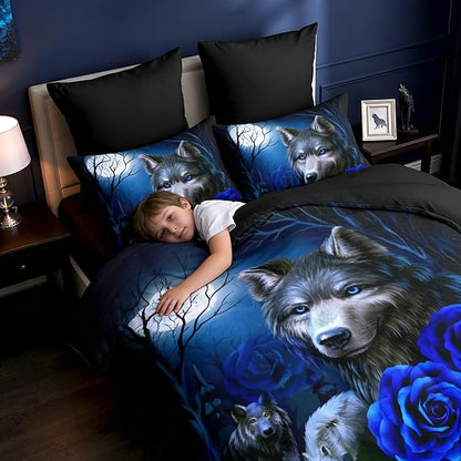 Wolf Rose Bedding Sets Queen,Blue Animal Print Comforter for Youth Women with 2 Pillowcases/90 * 90