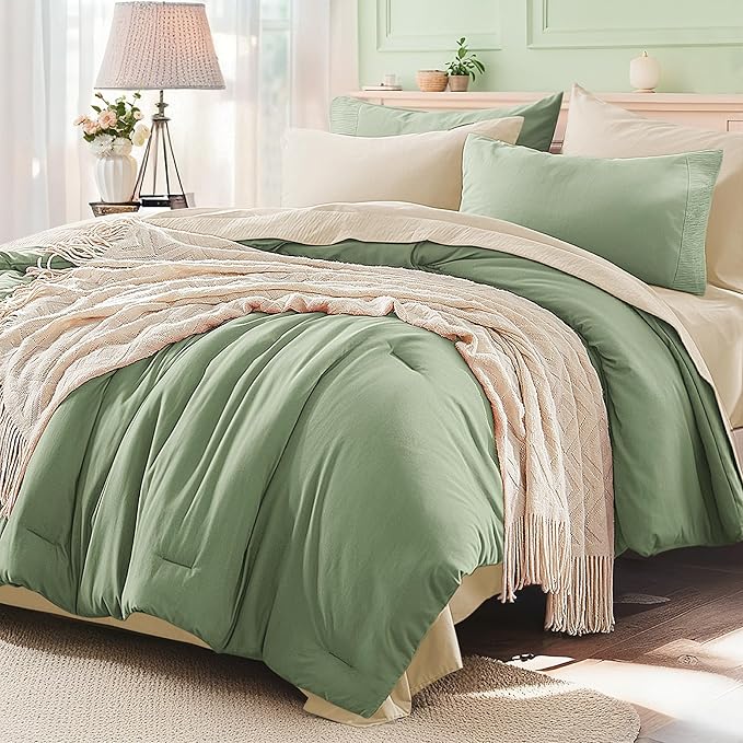 Anluoer Sage and Cream King Comforter Set 7 Pieces, Bed in a Bag with Sheets, All Season Bedding Sets with 1 Comforter, 2 Pillow Shams, 2 Pillowcases, 1 Flat Sheet, 1 Fitted Sheet