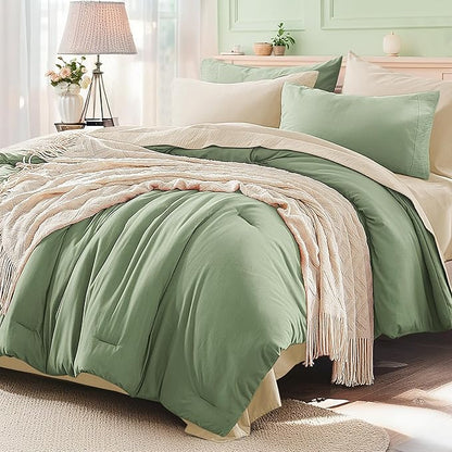 Anluoer Sage and Cream King Comforter Set 7 Pieces, Bed in a Bag with Sheets, All Season Bedding Sets with 1 Comforter, 2 Pillow Shams, 2 Pillowcases, 1 Flat Sheet, 1 Fitted Sheet