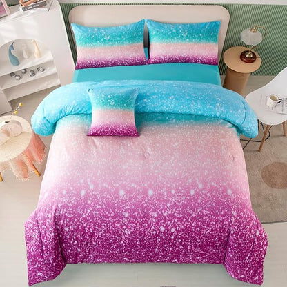 PERFEMET 6Pcs Teal Purple Comforter Set Twin Size, Tie Dye Rainbow Glitter Bed in A Bag, Gradient Pastel Ombre Sparkle Bedding Set for Kids Teens Girls (Blue Teal Purple, Twin)