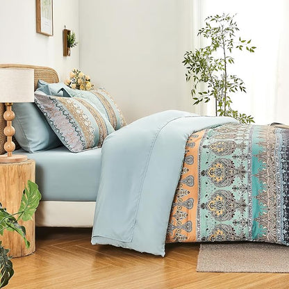 Boho Comforter Set King Size Sage Green - 7 Pieces Bohemian Floral Striped Comforter and Sheet Set, Soft Bed in a Bag Complete Bedding Sets King Size for All Season (Sage Green,King)