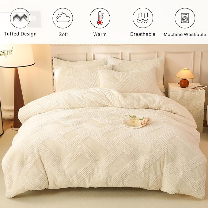 Tufted Boho Comforter Set King - White Fluffy Sherpa Bedding Set, Soft Fuzzy Jacquard Quilt Set, 3 Pieces Cozy Bed Set Warm Comforter for Winter(104"X90")
