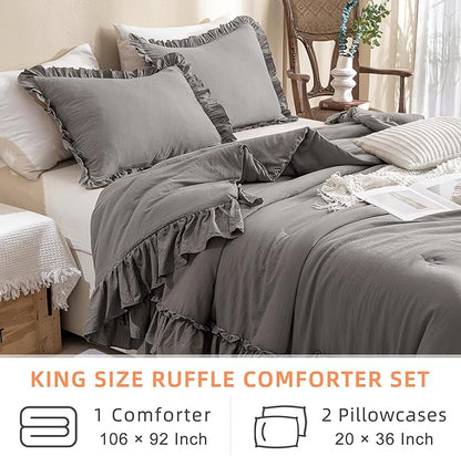 QSH Gray Ruffled Comforter Set King Size（106x92inches）, 3pcs Shabby Farmhouse Boho Chic Bedding Comforter Sets, Ultra Soft Lightweight Microfiber Inner Fill Grey Fluffy Vintage Comforter for Bed