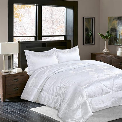 White Comforter, All Season Silk Twin Comforter, Classical Jacquard Lightweight Bedding Comforter Sets, 3 Pieces Ultra Soft Microfiber Quilt Matching 2 Pillow Shams, Twin/Twin XL