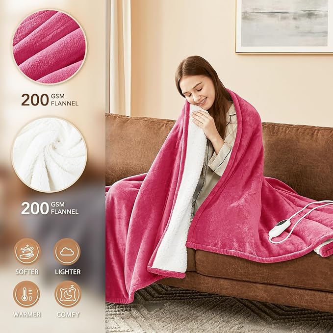 Homemate Electric Heated Blanket King Size - 100"x90" Heating Blanket King Size Dual Control 1/2/4/6/8 Hours Auto-Off 10 Heat Level Over-Heat Protection Flannel Sherpa ETL Certification