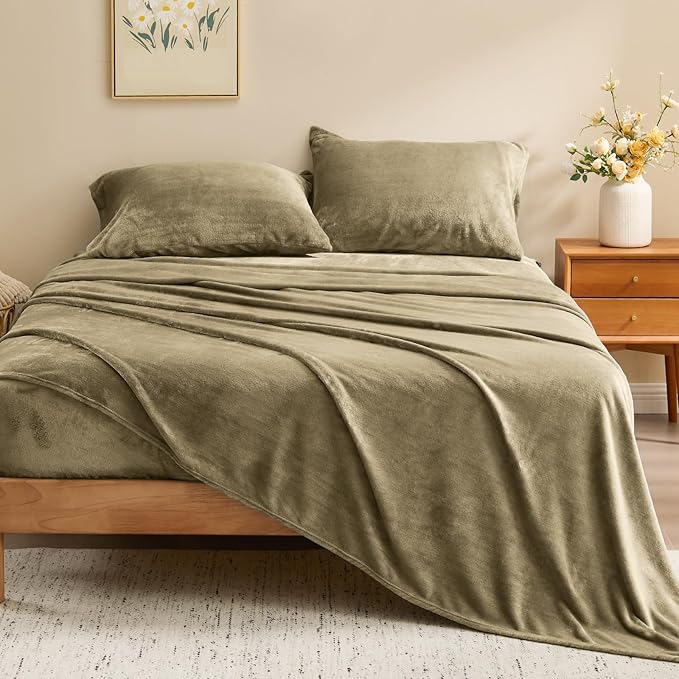 BEDELITE Flannel Sheets Queen Size Camel - Super Soft Fleece Sheets Set Fluffy Extra Plush, 4 Piece(Include Fitted Sheet, Flat Sheet, 2 Pillowcases)