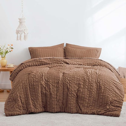 Love's cabin Seersucker Mocha Mousse California King Comforter Set, 7-Piece All Season Lightweight Bed in a Bag Bedding Set with Comforter, Flat Sheet, Fitted Sheet, Pillowcases and Shams | Soft, Breathable, Lightweight