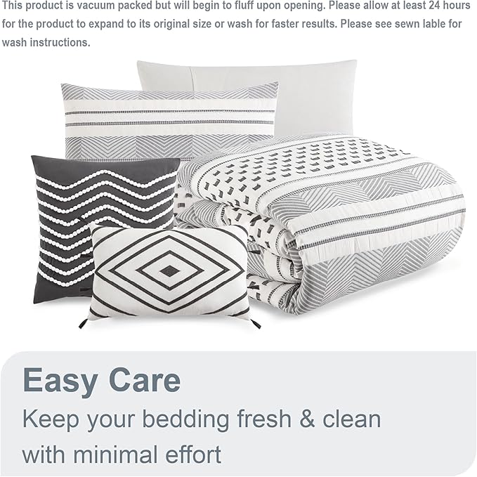 Swift Home Atayal 100% Cotton Herringbone & Clip Jacquard Bedding 5-Piece Comforter Set, All Season & Breathable, Oeko-TEX Certified – Grey, Full/Queen