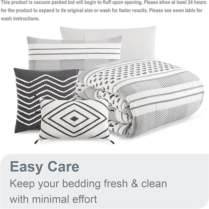 Swift Home Atayal 100% Cotton Herringbone & Clip Jacquard Bedding 5-Piece Comforter Set, All Season & Breathable, Oeko-TEX Certified – Grey, Full/Queen