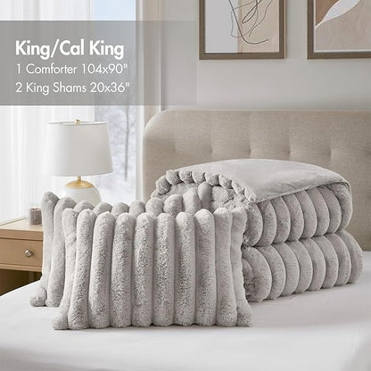 Madison Park Jasmine King Comforter Set, Luxurious Reversible Faux Fur Plush Ribbed Velvet Bedding, Fuzzy Thick Warm Winter Comforter, Super Soft Fluffy 3-Piece Set Light Grey