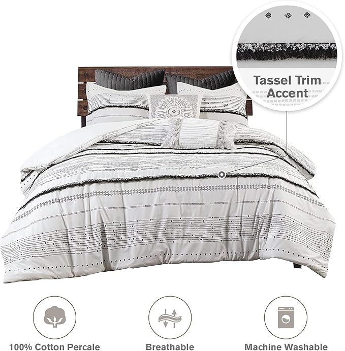 INK+IVY Luxurious Cotton-Bedding Set - Mid Century Trendy Geometric Design, All Season Cozy-Cover With Matching-Shams, King/Cal King, Nea Trims Black/Multi