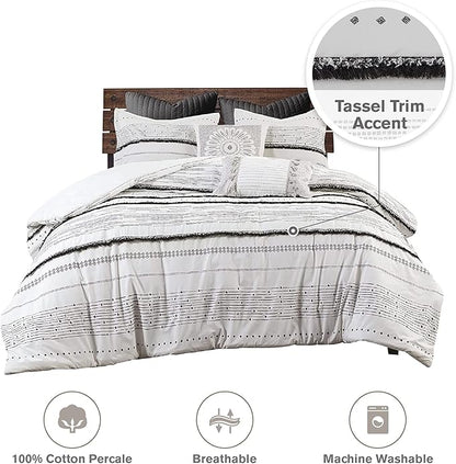 INK+IVY Nea 100% Cotton Duvet Set Mid Century Modern Design, All Season Comforter Cover Bedding Set, Matching Shams, King/Cal King, Stripes Teasel White 3 Piece