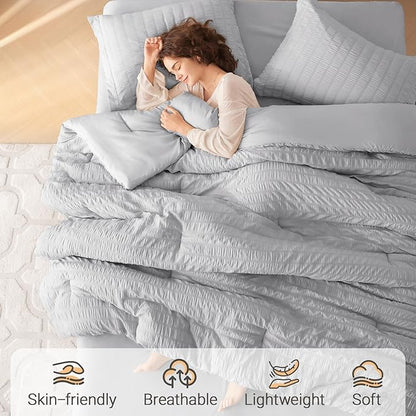 MUXHOMO 7 Pieces California King Comforter Set, Seersucker Bed in a Bag Cal King Size, All Season Luxury Bedding Set with Comforter, Flat Sheet, Fitted Sheet, Pillowcases & Shams, Light Grey
