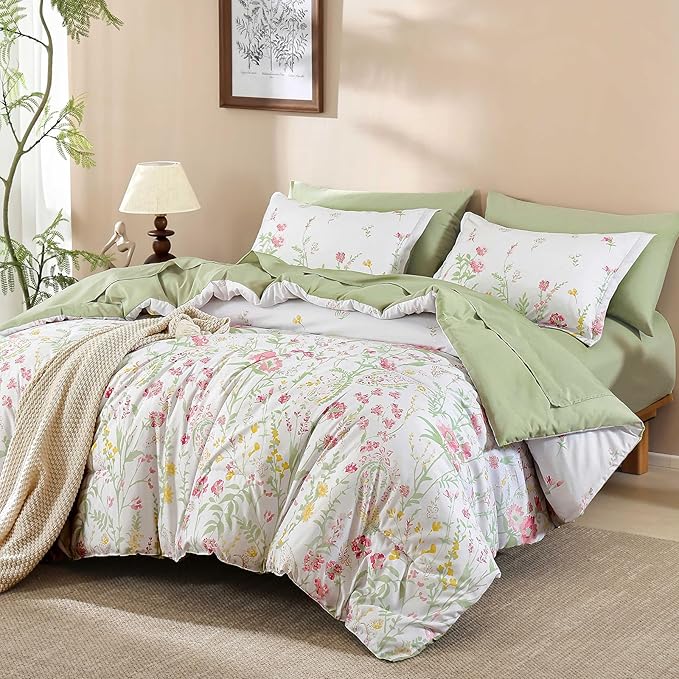 Yiran 7 Piece Floral Full Size Comforter Set, Pink Green Cute Comforters Bedding Set for Women Girls,Botanical Bed in a Bag Soft Lightweight Coquette Bedding Set with Sheets All Season