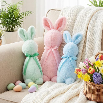 Breling 3 Pcs Easter Decoration Bunny Throw Pillow Flocked Bunny Figurine with Bow Tie 16" 13" 10" Pastel Rabbit Sitting Pillow Cute Spring Plush Decor for Sofa Couch Living Bedroom Home Office Decor
