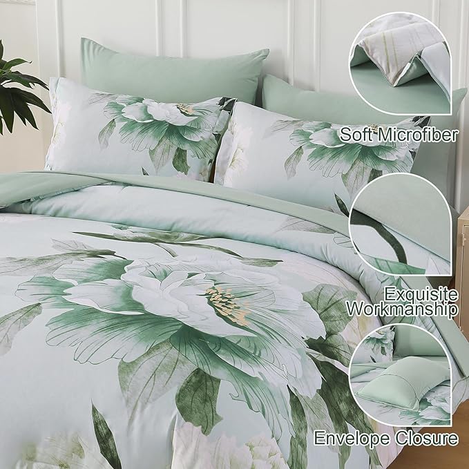 Dobuyly Floral King Size Comforter Set 7 Piece Bed in a Bag, Sage Green Reversible Comforter Set with Sheets, Soft Microfiber Botanical Flowers Summer Bedding Set for All Season