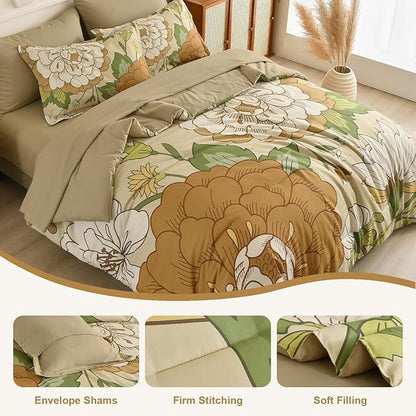 DJY Floral Comforter Set King Size Boho Bed in a Bag 7 Pieces Yellow Botanical Comforter with Sheet Set, Soft Microfiber Farmhouse Bedding Set for All Season (104''x90'')