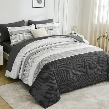 Drucon Black and Grey Comforter Set Full Size 7 Piece Bed in a Bag, Boho Striped Bedding Set, Soft Microfiber Comforter and Sheet Set for All Season