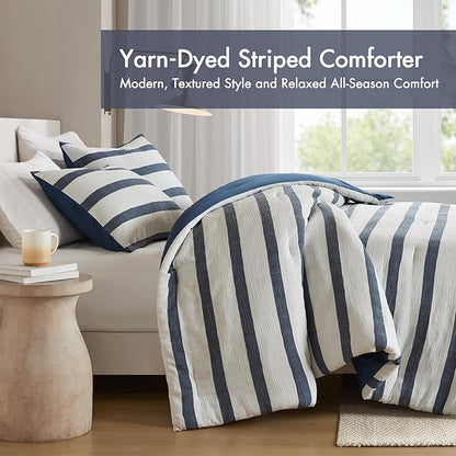 Madison Park Essentials Striped Comforter Set Twin Size, Yarn-Dyed Reversible Comforter with Minimalist Stripes, Crinkled Texture Bedding Set for All-Season Lightweight Warmth, Merritt Blue