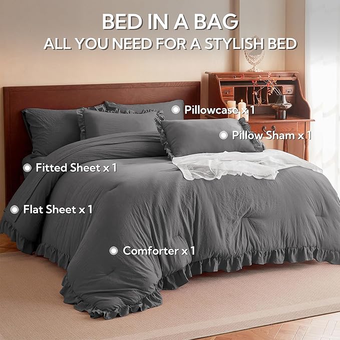MR&HM Dark Grey Comforter Set Twin for Girls Women 5 Pieces, Shabby Chic Vintage Cottagecore Bed Sets Solid Elegance Boho Bed in a Bag, Ultra-Soft & Fluffy Comforter for All Season