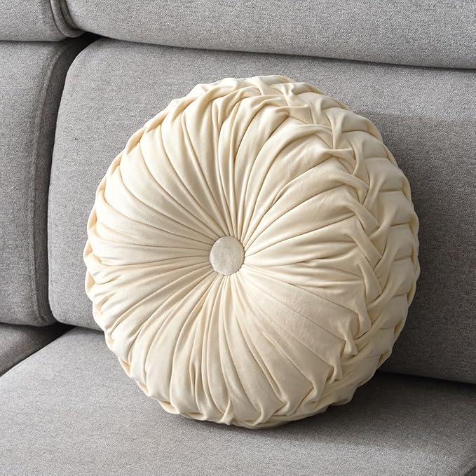 Round Throw Pillow Velvet 1 Pcs 14.17" Home Decoration Pleated 3D Pumpkin Pillow Cushion for Couch Chair Bed Car (Cream)