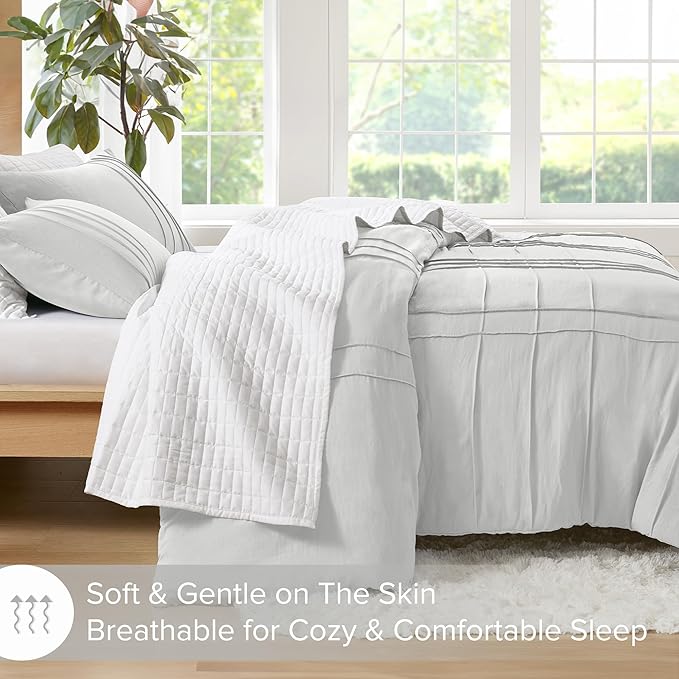 Comfort Spaces Silver Full Size Comforter Set - 3 Pieces Pintuck Pleated Bedding Sets, All Season Lightweight, Extra Softness Pre-Washed Microfiber Full Bed Set, Shams, Full