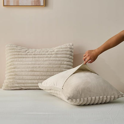 Simple&Opulence Fluffy Faux Fur Comforter Set, Plush Fuzzy Minky Bedding Set, 3 Pieces Warm Soft Comforter Bedding Set for Winter - 1 Shaggy Comforter with 2 Pillow Shams(King, Striped - Khaki)