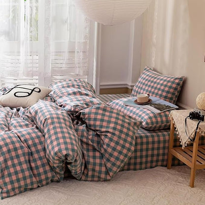 mixinni Plaid Comforter Set Full - 3 Piece Soft Geometric Checkered Comforter with 2 Pillow Shams, Modern Gingham Pattern Bedding Set for All Season, Breathable & Soft Cozy (Pink, Purple, Blue)