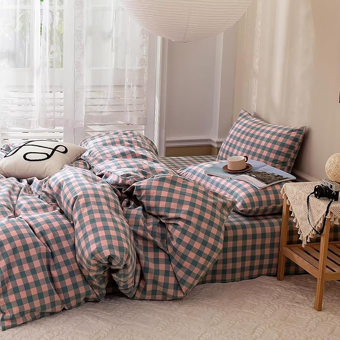 mixinni Plaid Comforter Set Twin XL - 3 Piece Soft Geometric Checkered Comforter with 2 Pillow Shams, Modern Gingham Pattern Bedding Set for All Season, Breathable & Soft Cozy (Pink, Purple, Blue)