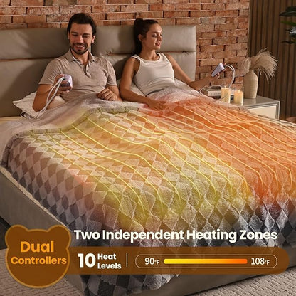 Bearhug Heated Blanket King Size 100" x 90" Dual Controller Electric Blanket Gray Teddy Faux Fur& Warm Sherpa Heating Blanket 10-Heat Levels& 1-12H Auto Off, ETL, Machine Washable, Gift Box